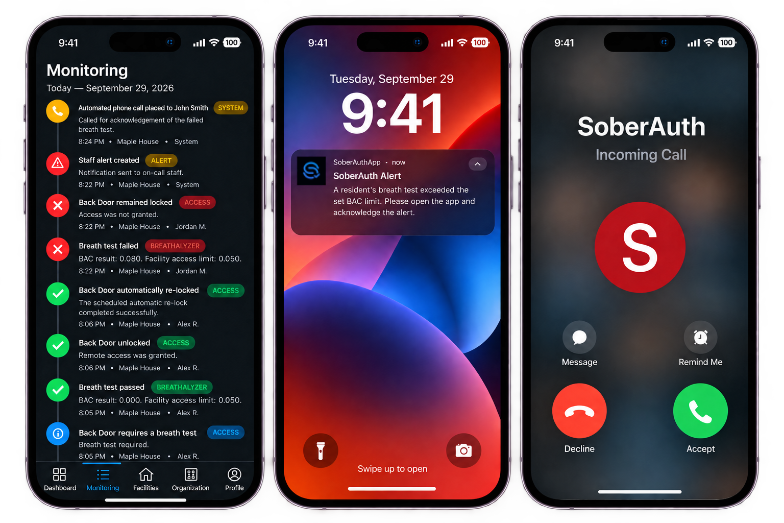 SoberAuth activity history, push notification, and staff escalation call