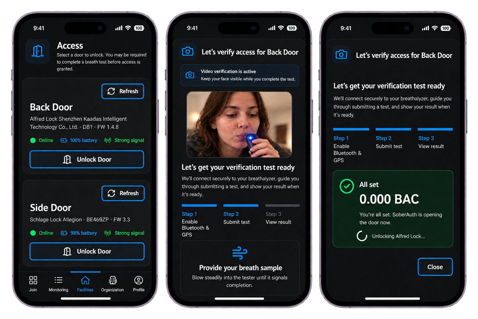 SoberAuth resident door selection, guided alcohol breath test, and successful access workflow